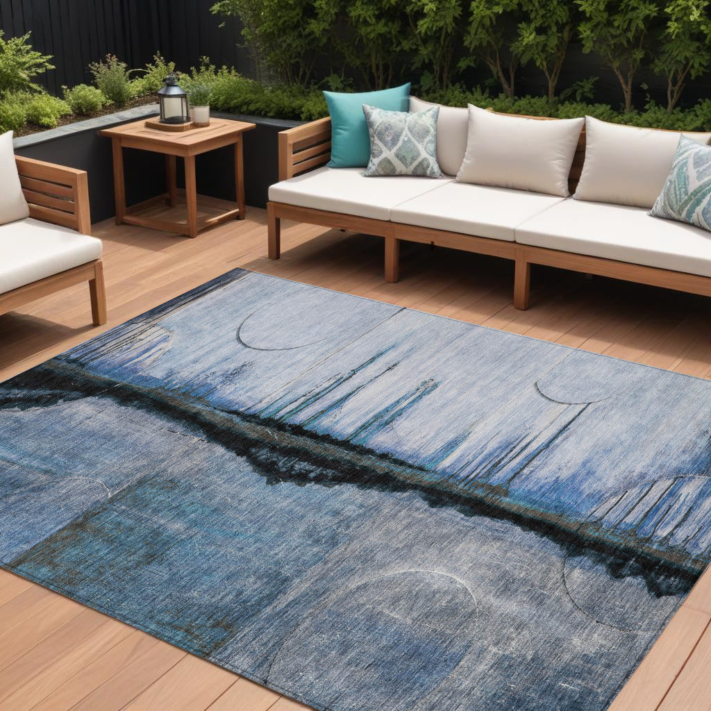 10 X 14 Blue And Charcoal Abstract Washable Indoor Outdoor Area Rug