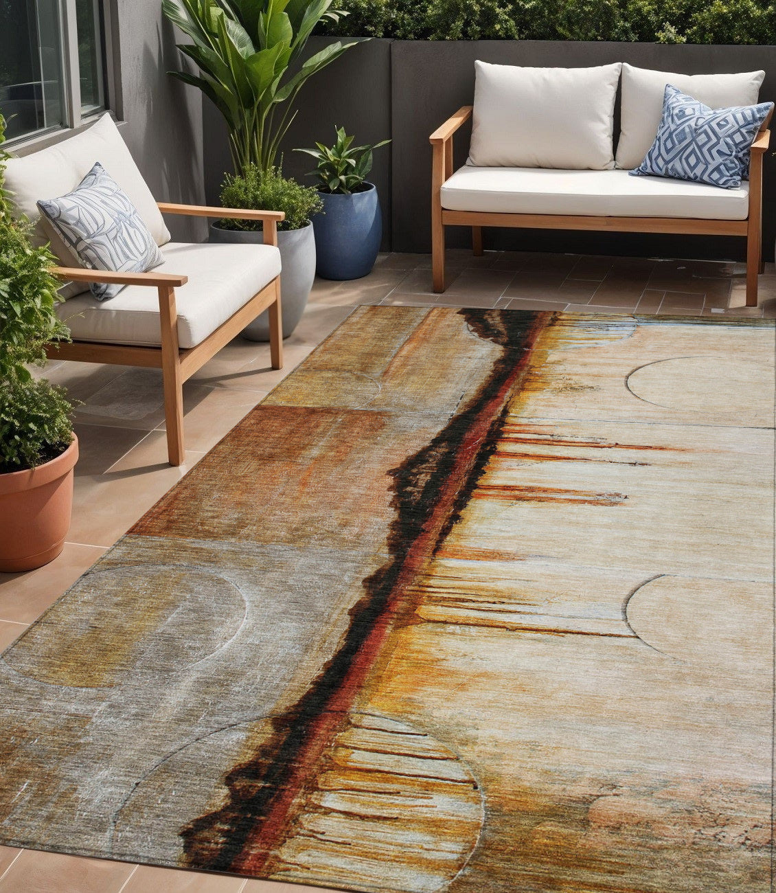 5 X 8 Rust And Charcoal Abstract Washable Indoor Outdoor Area Rug