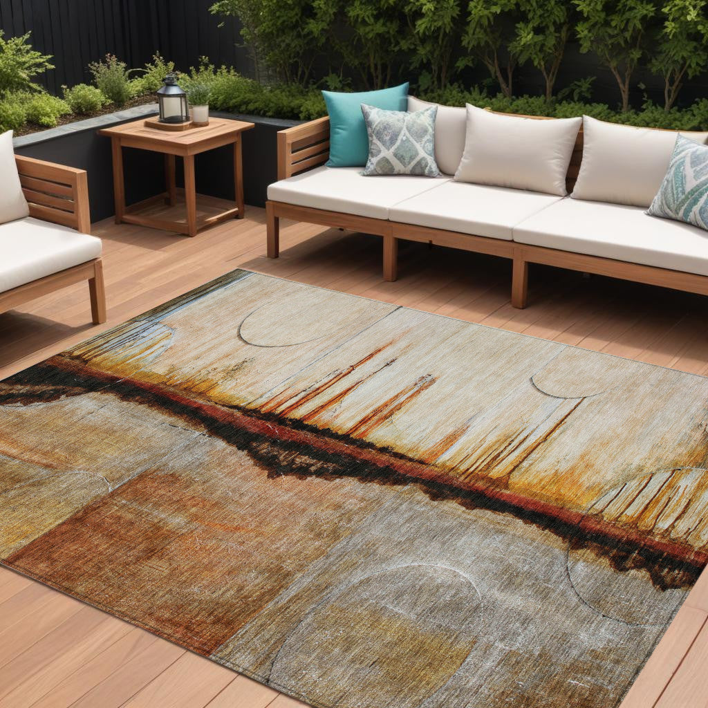 10 X 14 Rust And Charcoal Abstract Washable Indoor Outdoor Area Rug