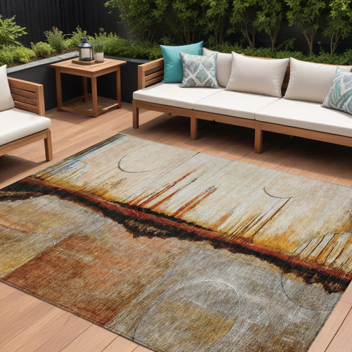 10 X 14 Rust And Charcoal Abstract Washable Indoor Outdoor Area Rug