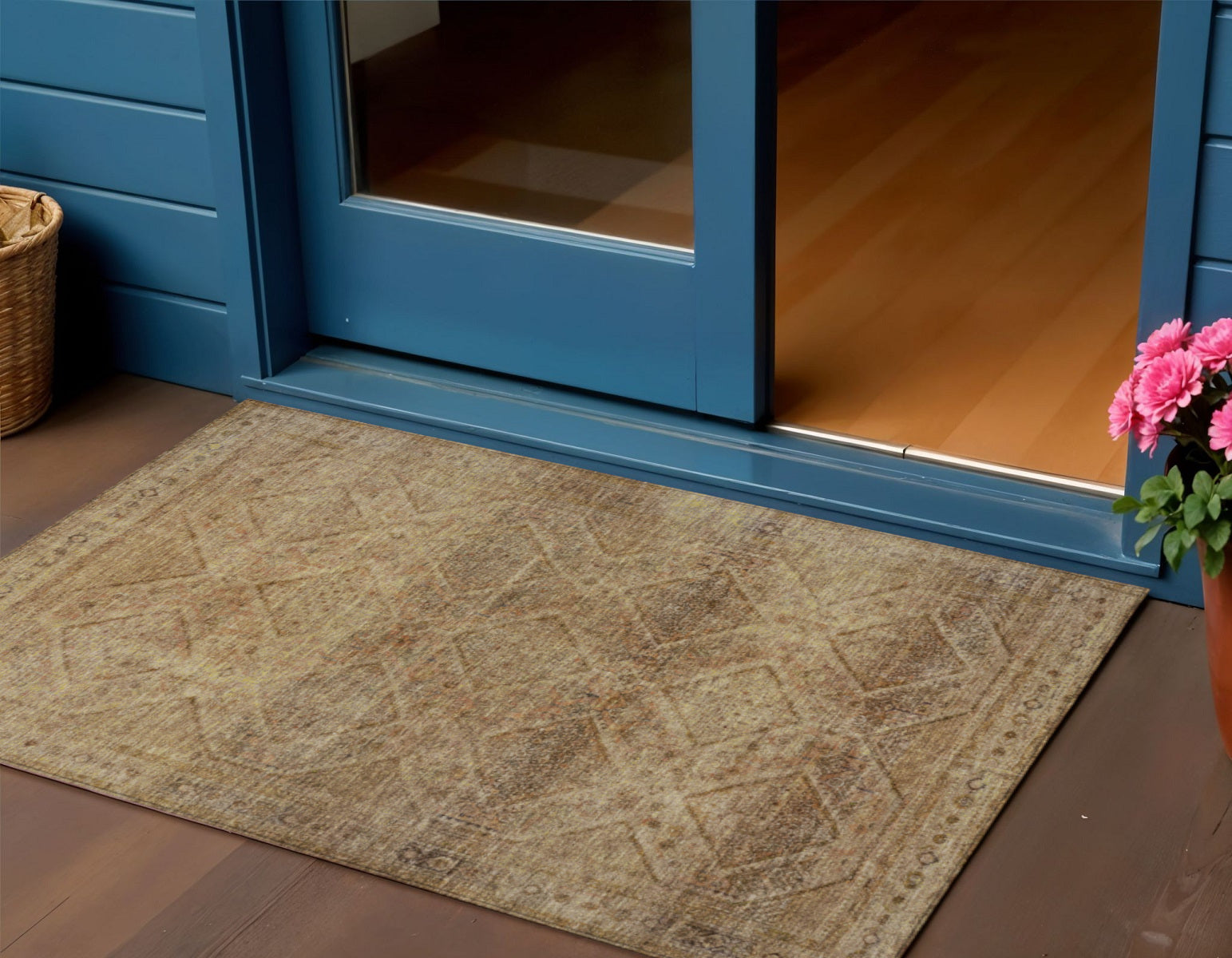 3 X 5 Khaki And Beige Geometric Washable Indoor Outdoor Area Rug