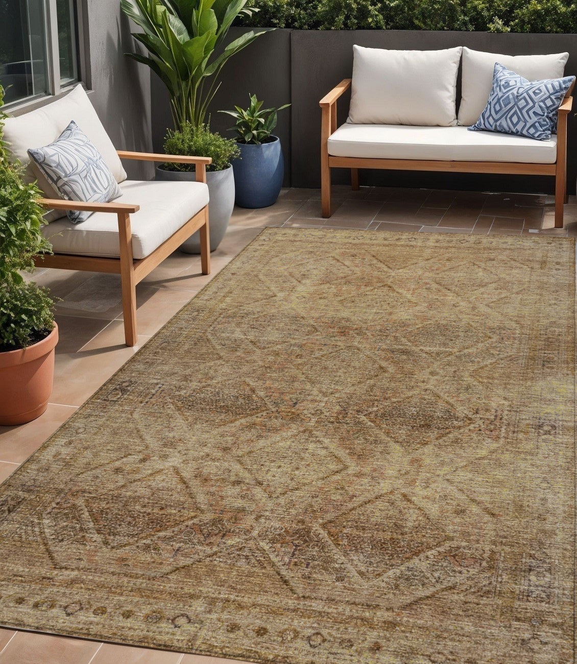 5 X 8 Khaki And Beige Geometric Washable Indoor Outdoor Area Rug