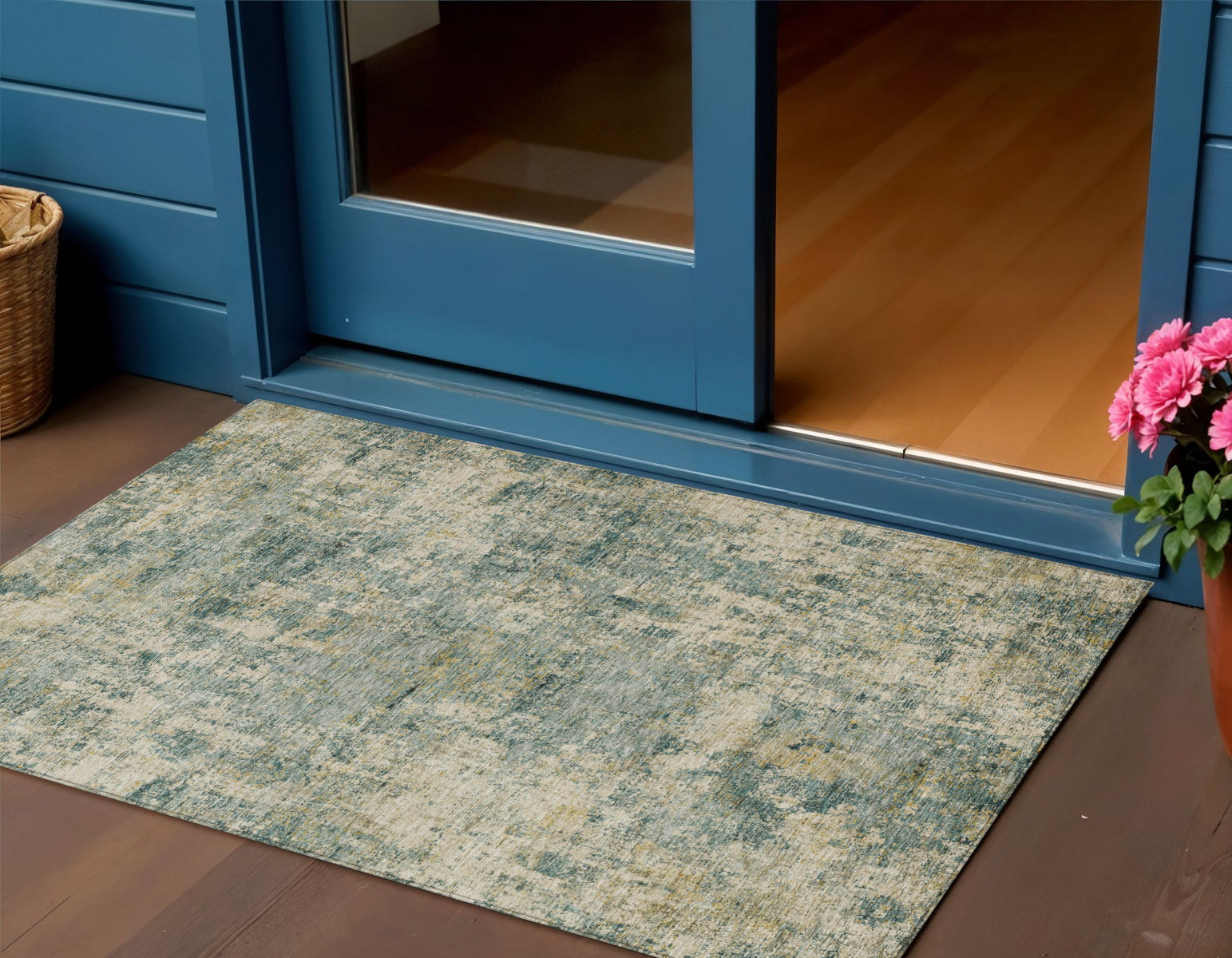 3 X 5 Artichoke Green And Teal Blue Abstract Washable Indoor Outdoor Area Rug