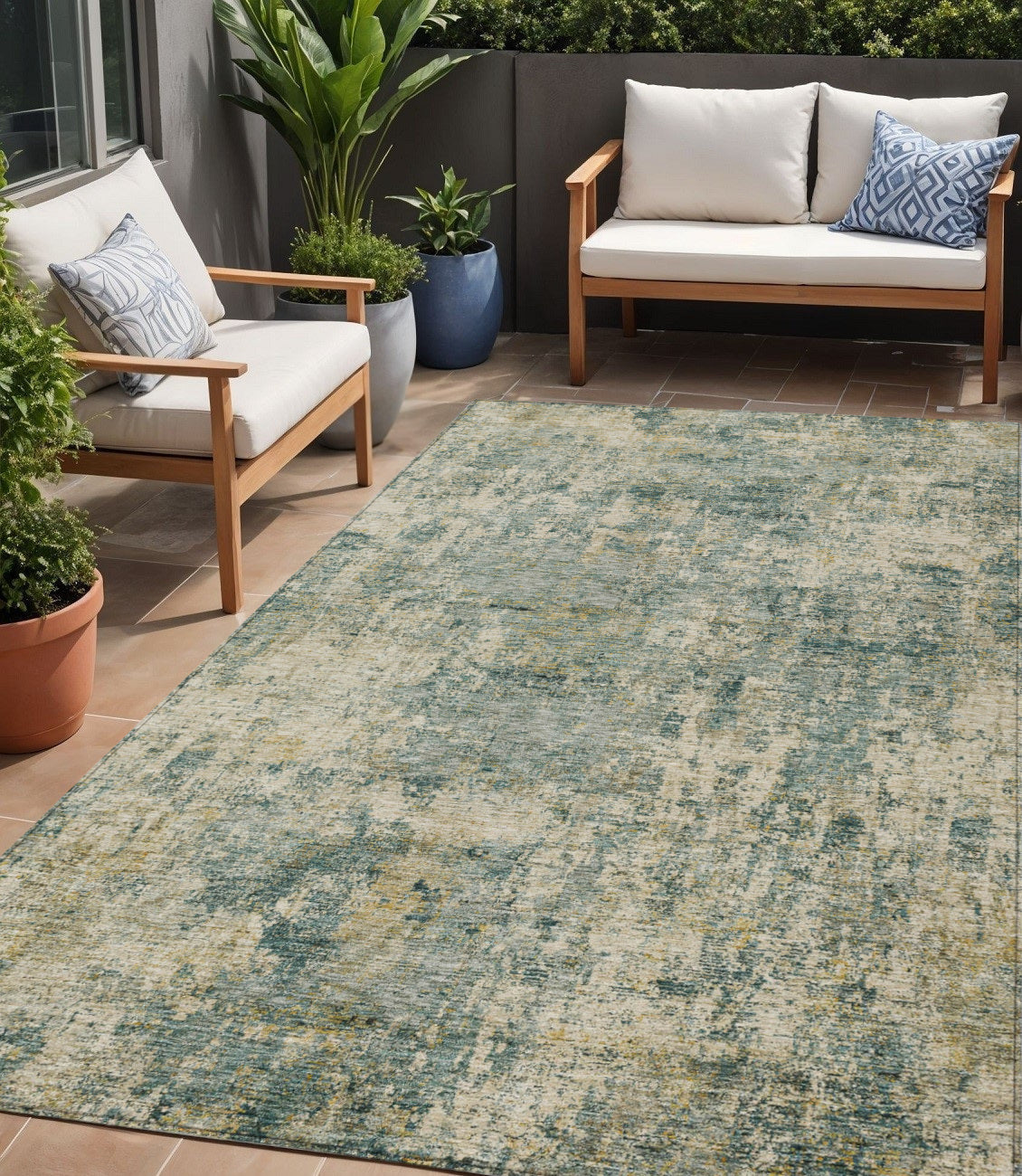 5 X 8 Artichoke Green And Teal Blue Abstract Washable Indoor Outdoor Area Rug