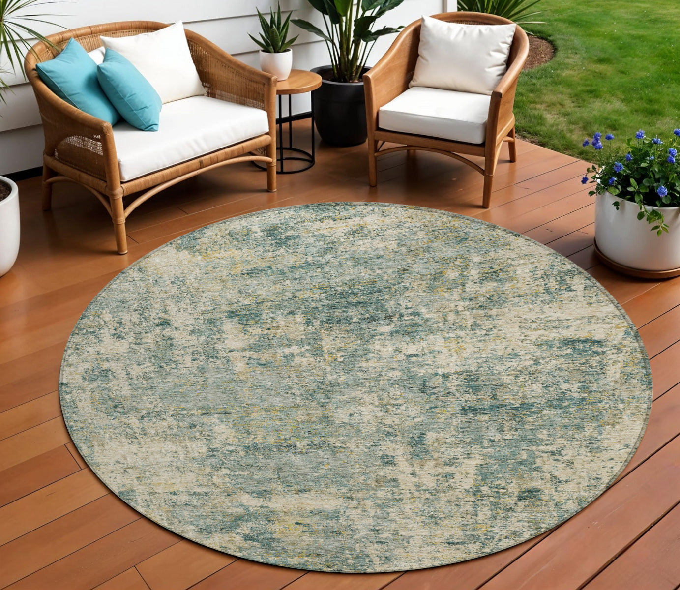 8 Artichoke Green And Teal Blue Round Abstract Washable Indoor Outdoor Area Rug