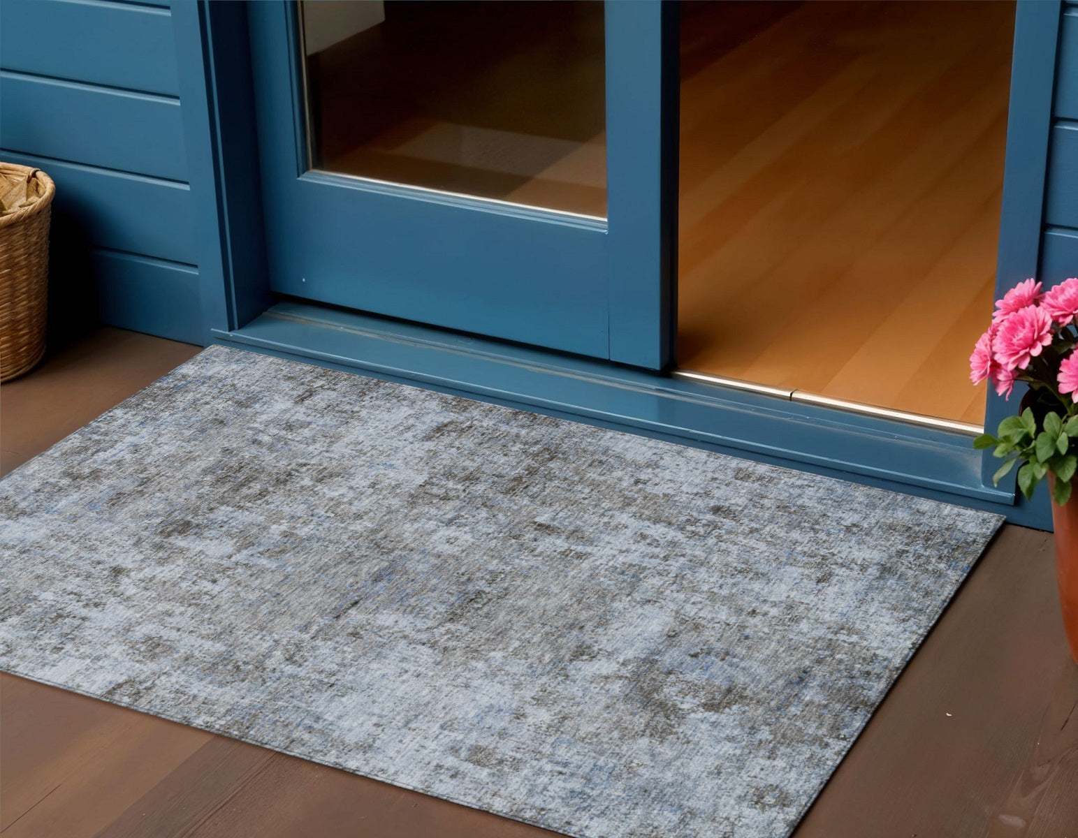 3 X 5 Blue And Taupe Abstract Washable Indoor Outdoor Area Rug
