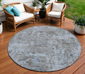 8 Blue And Taupe Round Abstract Washable Indoor Outdoor Area Rug