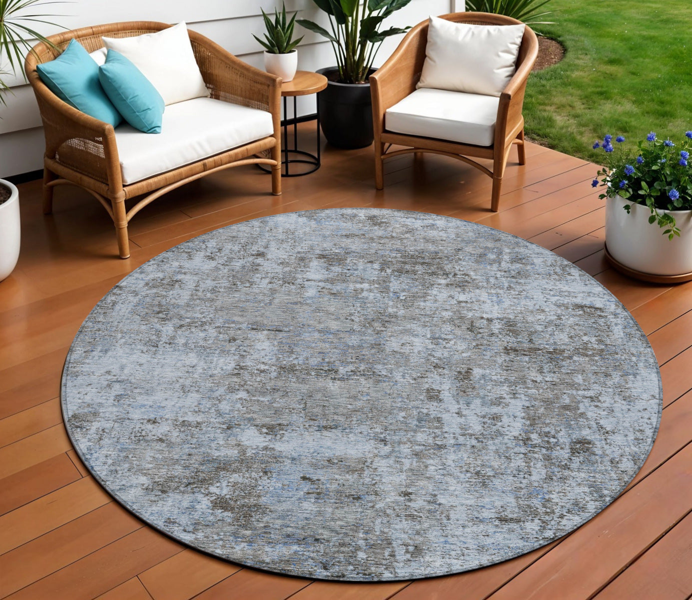 8 Blue And Taupe Round Abstract Washable Indoor Outdoor Area Rug