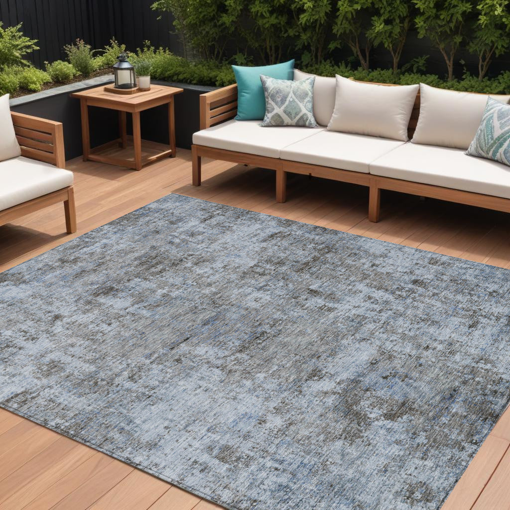 9 X 12 Blue And Taupe Abstract Washable Indoor Outdoor Area Rug