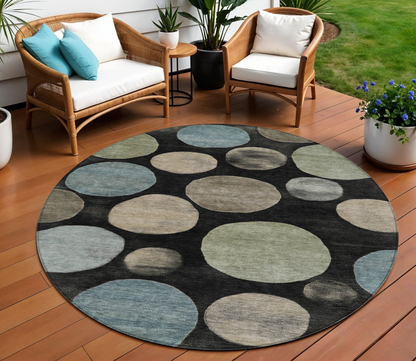 8 Black Fern Green And Teal Blue Round Geometric Washable Indoor Outdoor Area Rug