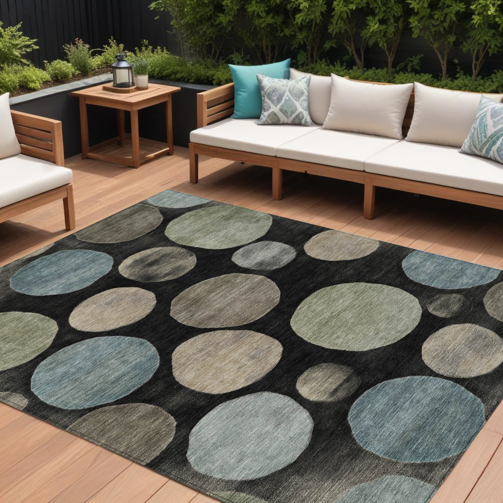 9 X 12 Black Fern Green And Teal Blue Geometric Washable Indoor Outdoor Area Rug