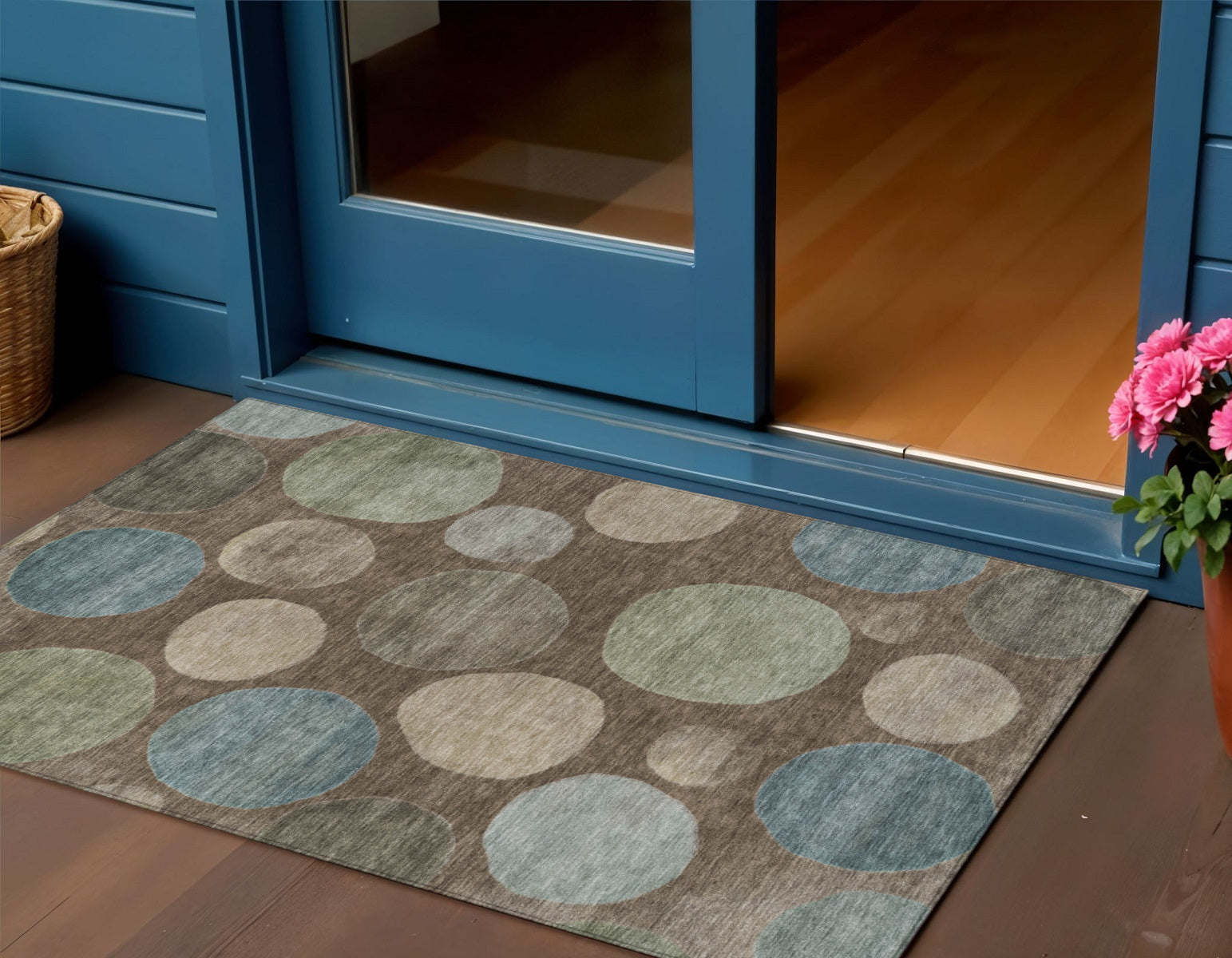 3 X 5 Chocolate Fern Green And Teal Blue Geometric Washable Indoor Outdoor Area Rug