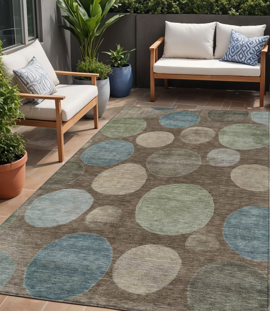 5 X 8 Chocolate Fern Green And Teal Blue Geometric Washable Indoor Outdoor Area Rug