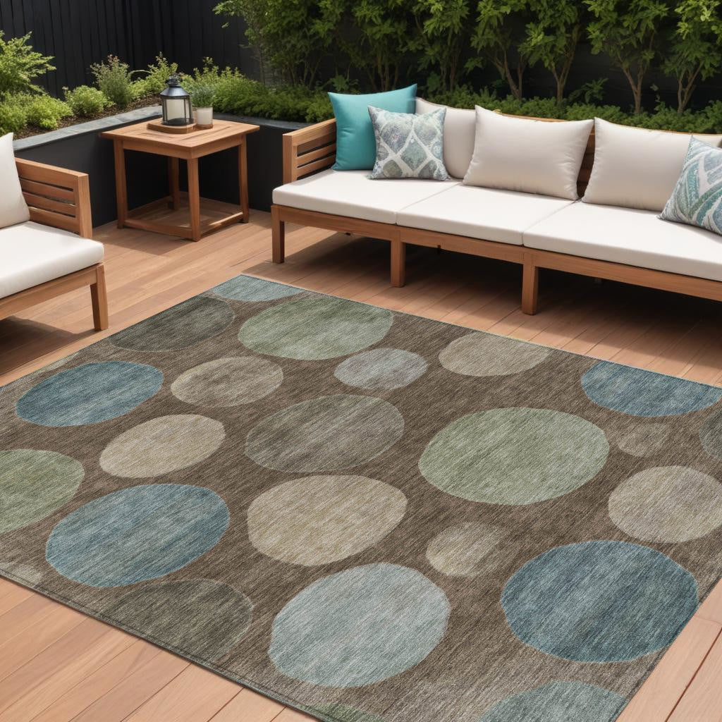 9 X 12 Chocolate Fern Green And Teal Blue Geometric Washable Indoor Outdoor Area Rug