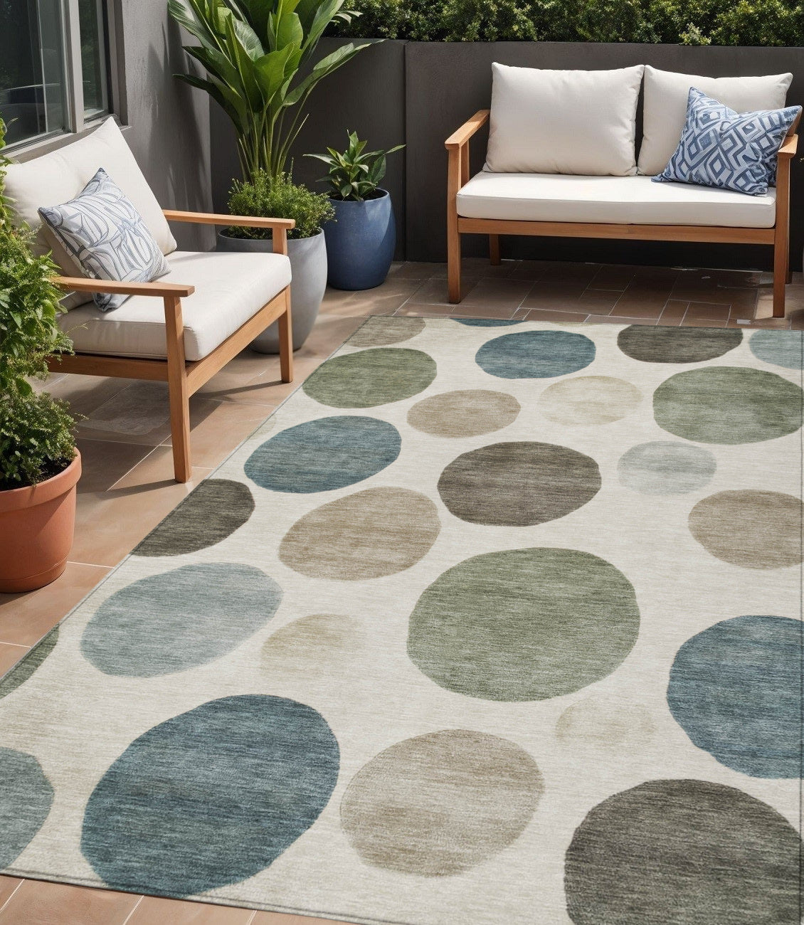 5 X 8 Ivory Fern Green And Teal Blue Geometric Washable Indoor Outdoor Area Rug