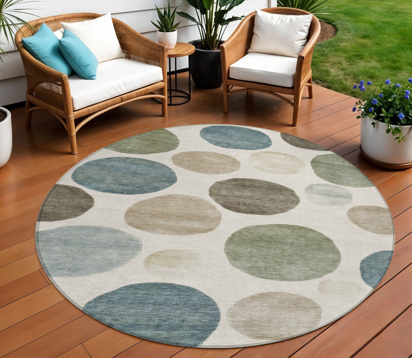 8 Ivory Fern Green And Teal Blue Round Geometric Washable Indoor Outdoor Area Rug