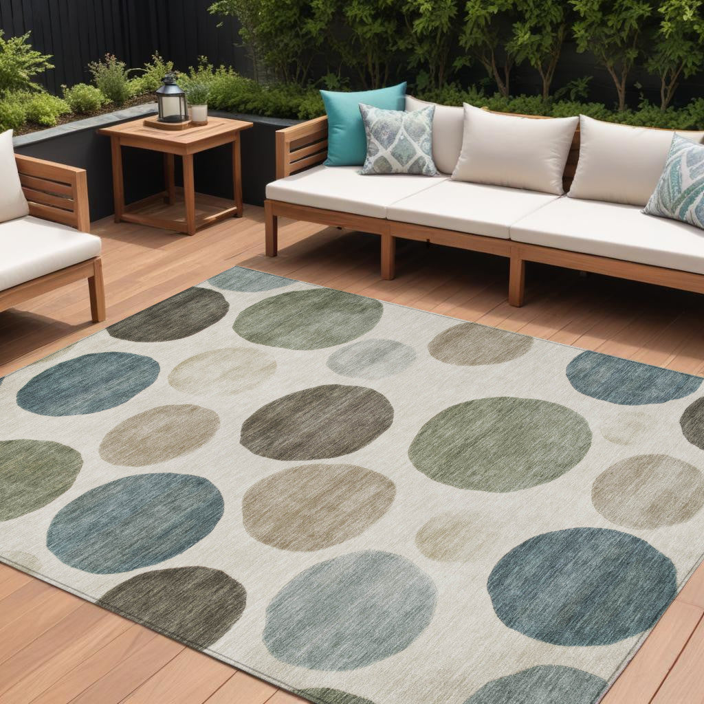 10 X 14 Ivory Fern Green And Teal Blue Geometric Washable Indoor Outdoor Area Rug