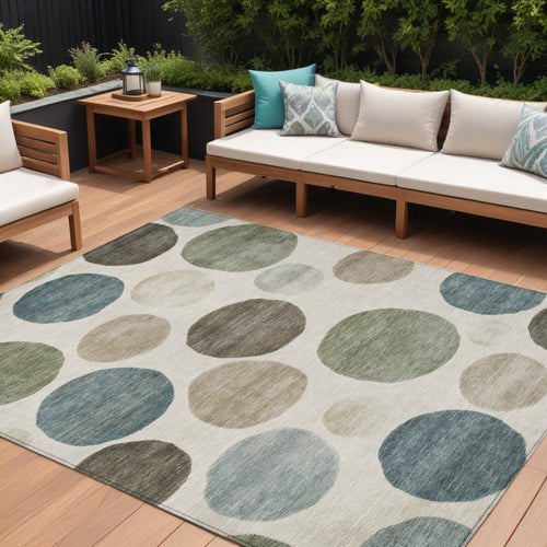 10 X 14 Ivory Fern Green And Teal Blue Geometric Washable Indoor Outdoor Area Rug