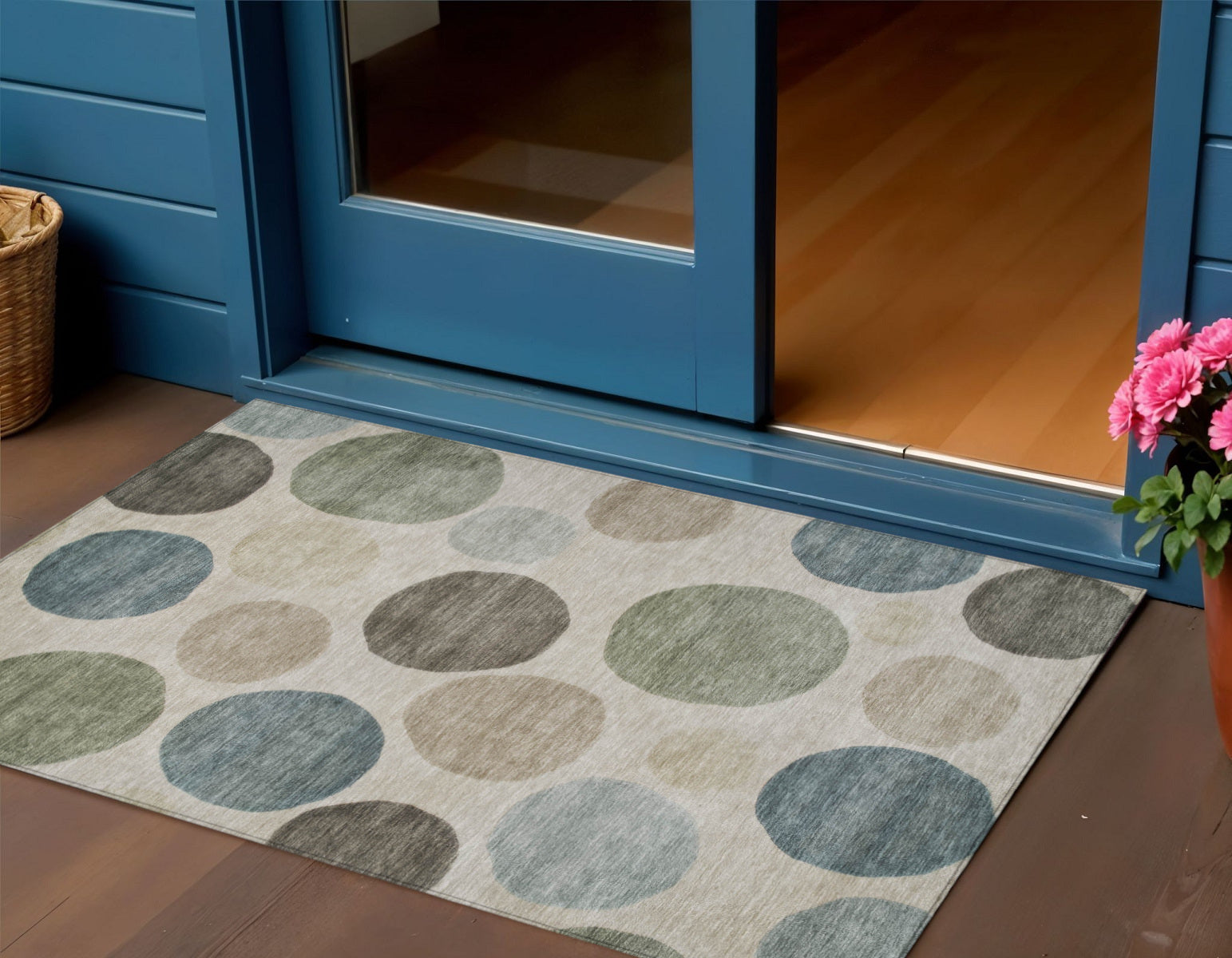 3 X 5 Khaki Fern Green And Teal Blue Geometric Washable Indoor Outdoor Area Rug