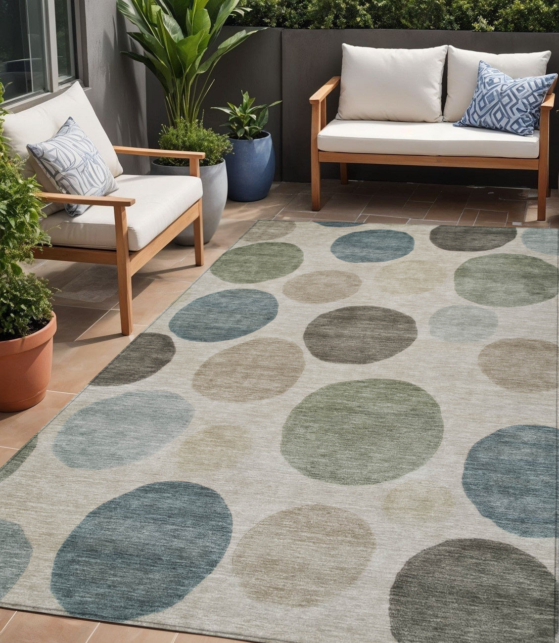 5 X 8 Khaki Fern Green And Teal Blue Geometric Washable Indoor Outdoor Area Rug