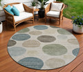 8 Khaki Fern Green And Teal Blue Round Geometric Washable Indoor Outdoor Area Rug