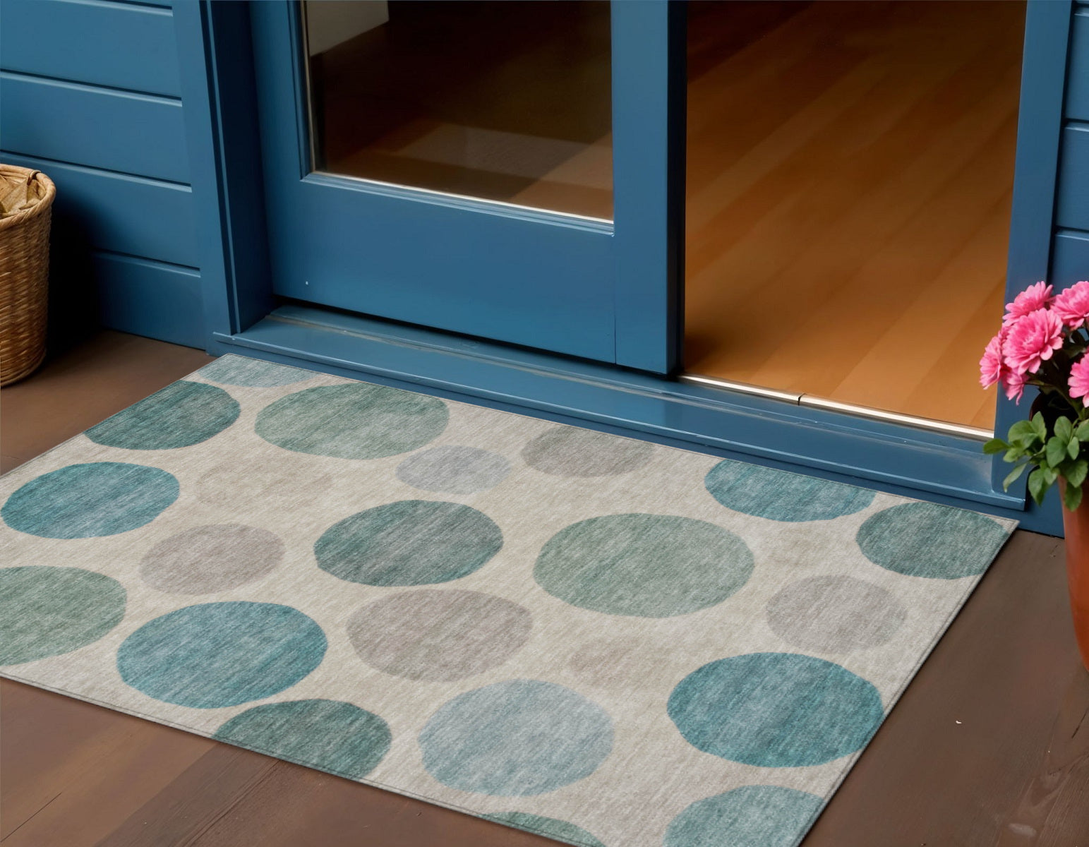 3 X 5 Teal Blue Ivory And Pale Aqua Geometric Washable Indoor Outdoor Area Rug