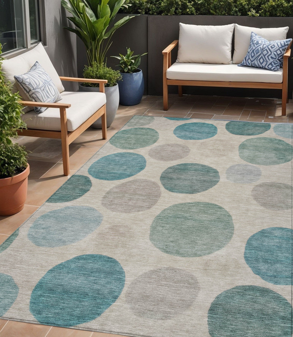 5 X 8 Teal Blue Ivory And Pale Aqua Geometric Washable Indoor Outdoor Area Rug