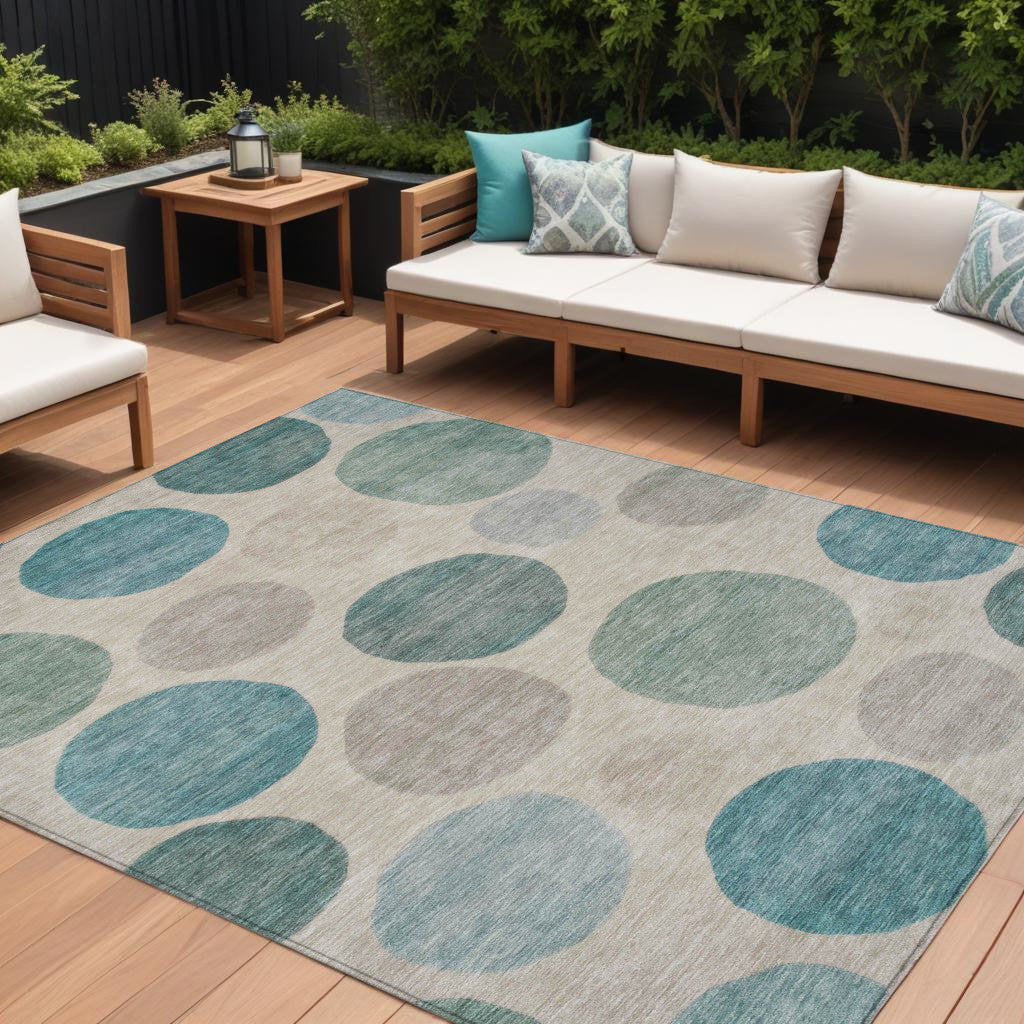 8 X 10 Teal Blue Ivory And Pale Aqua Geometric Washable Indoor Outdoor Area Rug