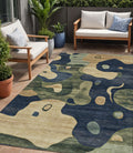 5 X 8 Navy Blue Gold And Olive Green Abstract Washable Indoor Outdoor Area Rug