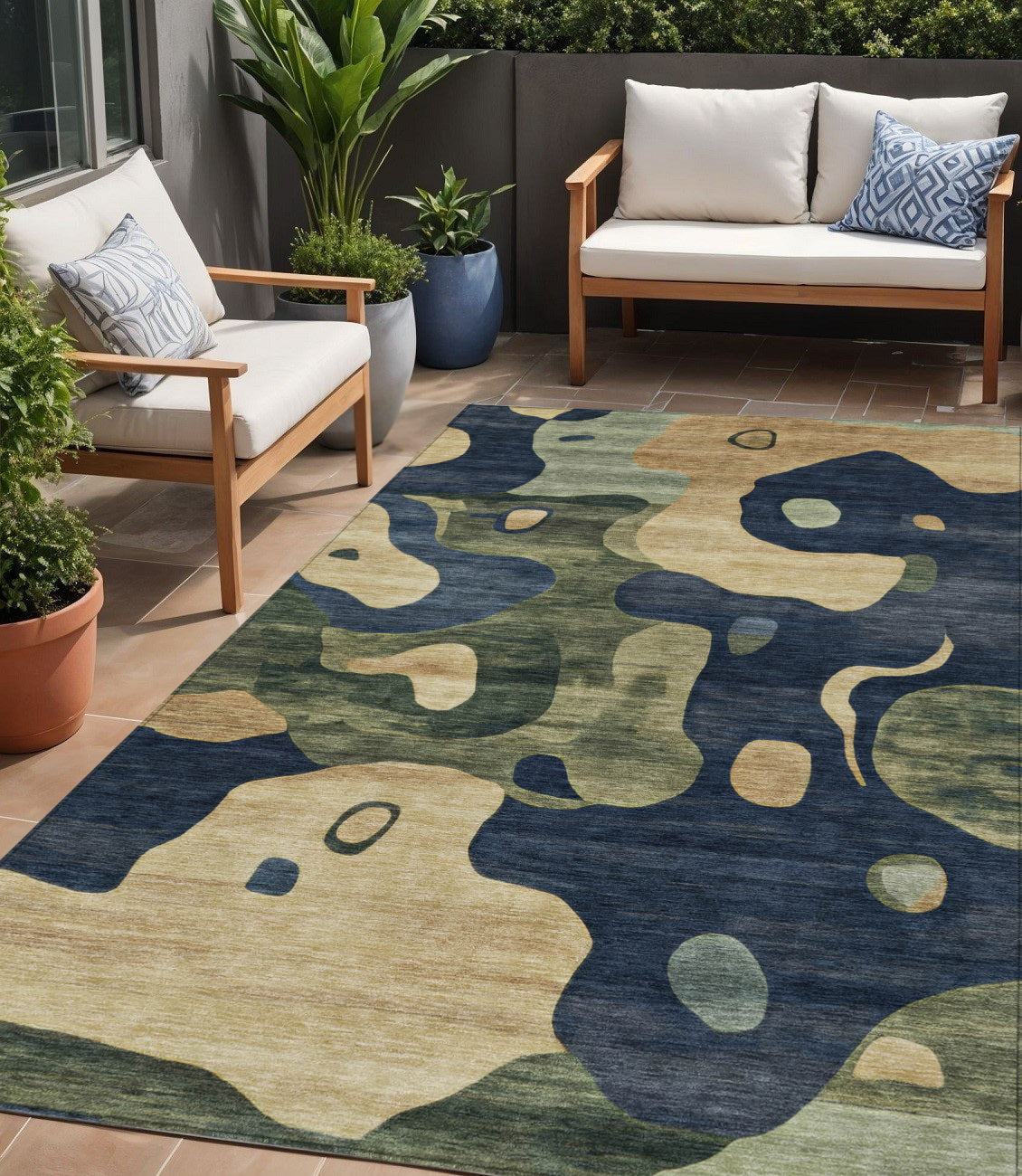 5 X 8 Navy Blue Gold And Olive Green Abstract Washable Indoor Outdoor Area Rug