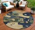 8 Navy Blue Gold And Olive Green Round Abstract Washable Indoor Outdoor Area Rug