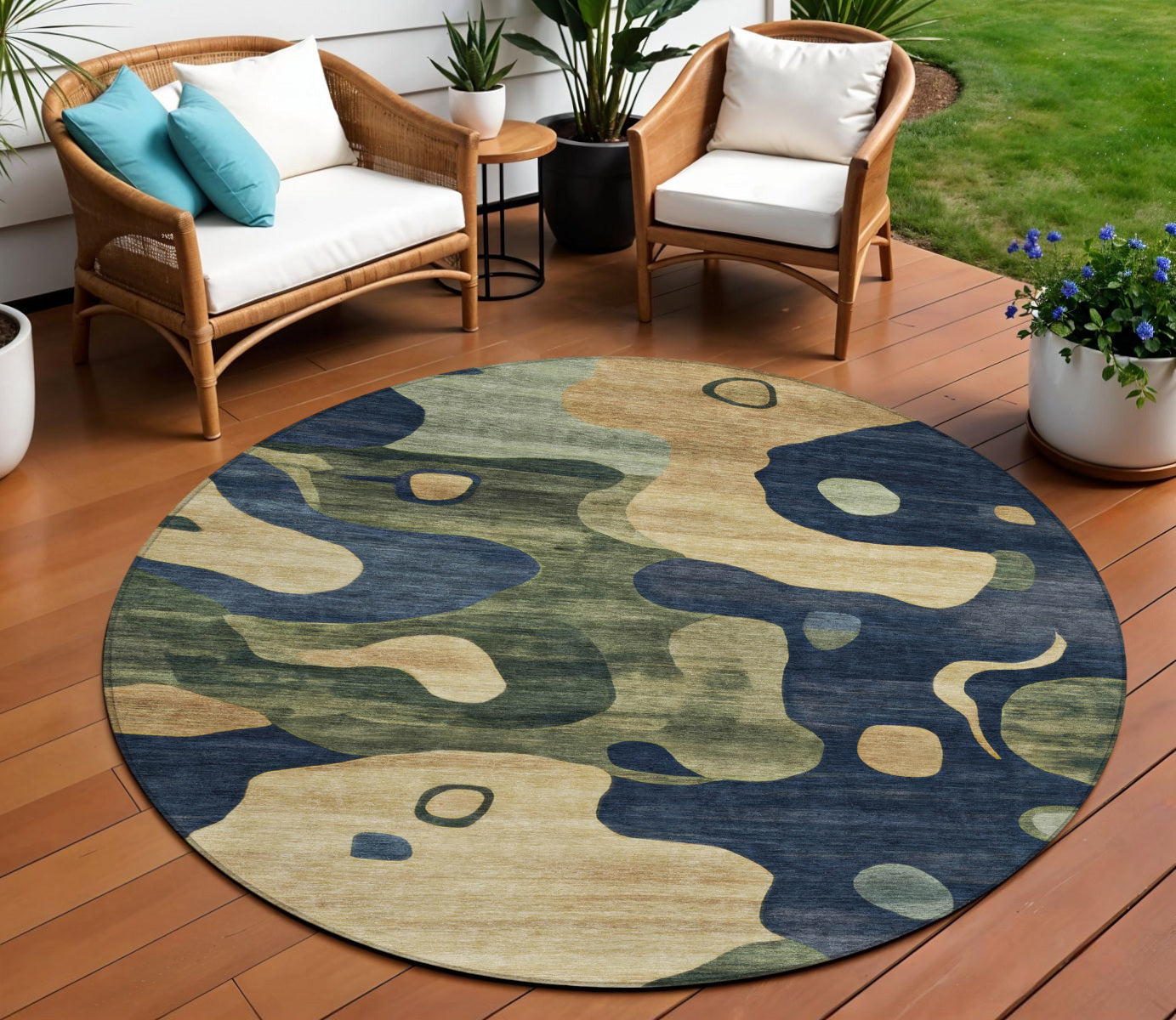 8 Navy Blue Gold And Olive Green Round Abstract Washable Indoor Outdoor Area Rug
