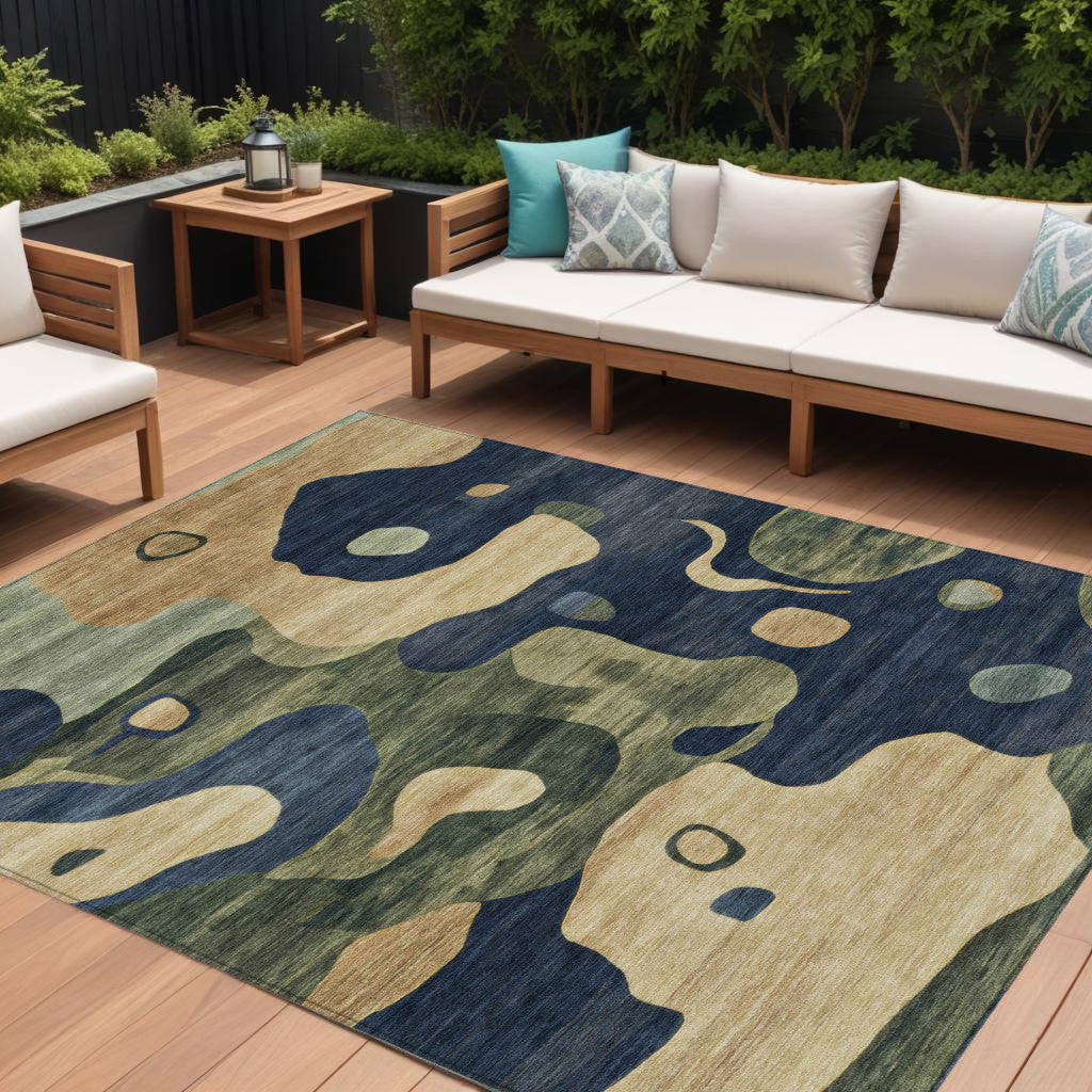 8 X 10 Navy Blue Gold And Olive Green Abstract Washable Indoor Outdoor Area Rug