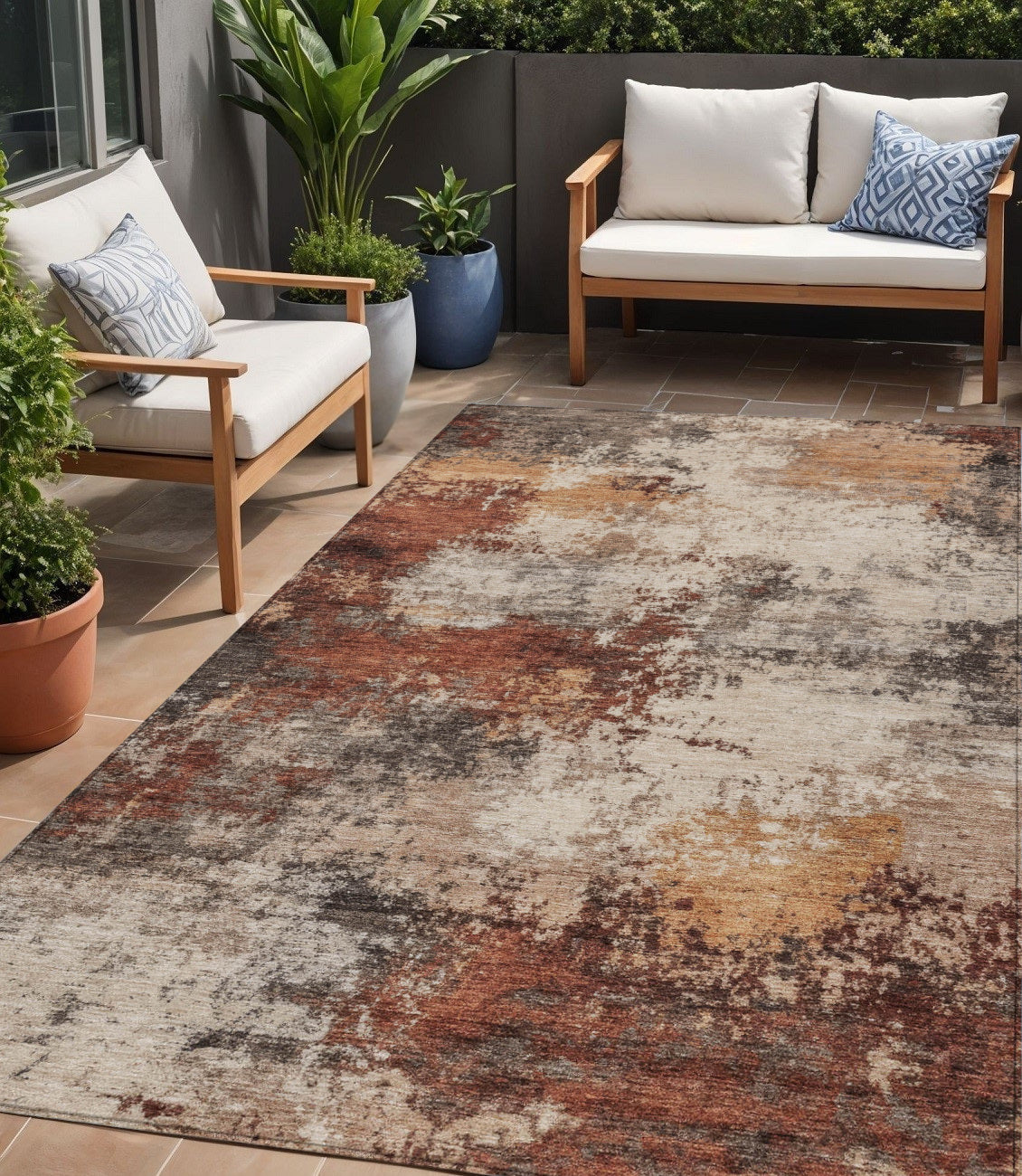 5 X 8 Rust And Beige Abstract Washable Indoor Outdoor Area Rug