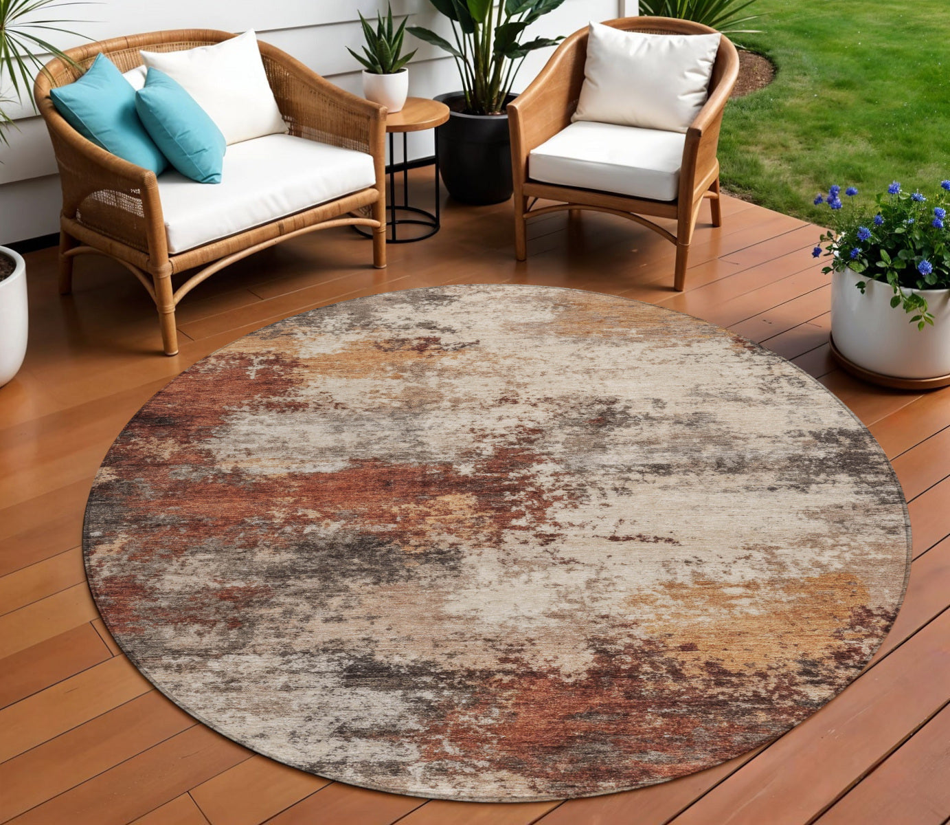 8 Rust And Beige Round Abstract Washable Indoor Outdoor Area Rug