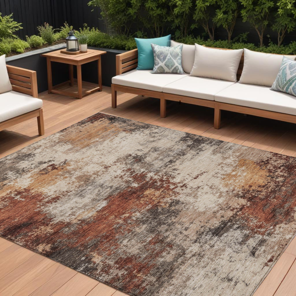 9 X 12 Rust And Beige Abstract Washable Indoor Outdoor Area Rug