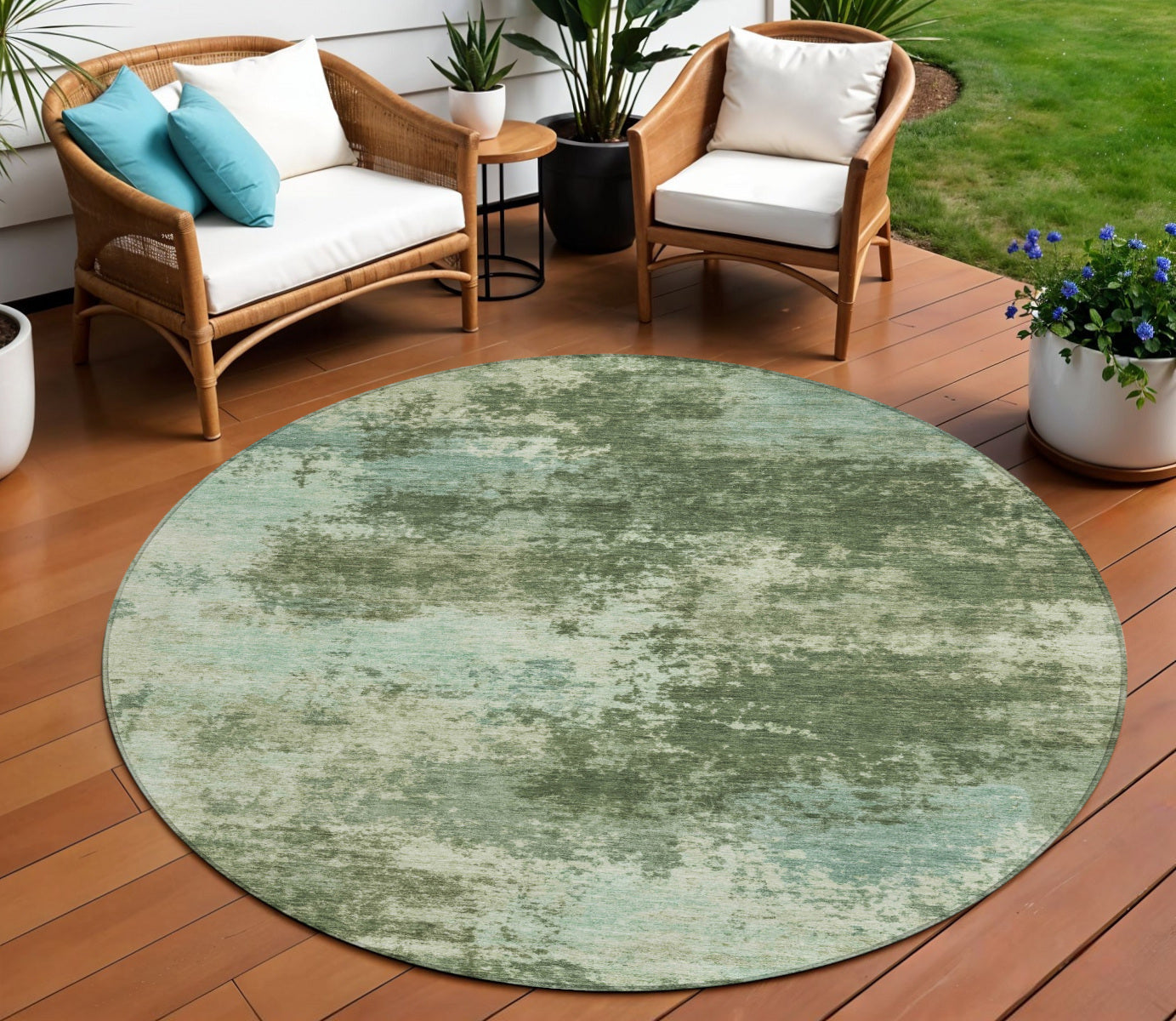 8 Artichoke Green And Pale Aqua Round Abstract Washable Indoor Outdoor Area Rug