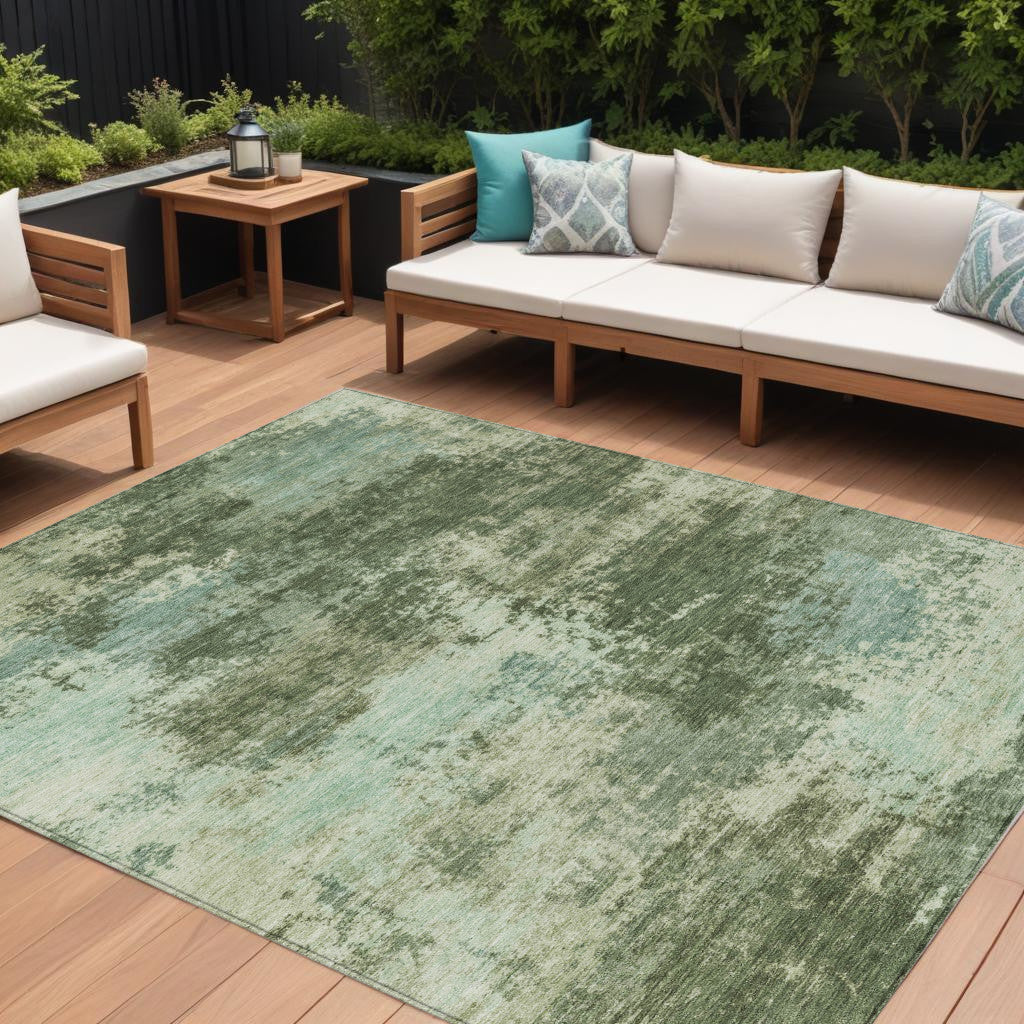 8 X 10 Artichoke Green And Pale Aqua Abstract Washable Indoor Outdoor Area Rug