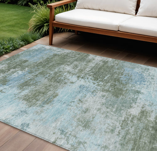 10 X 14 Sage And Denim Blue Abstract Washable Indoor Outdoor Area Rug