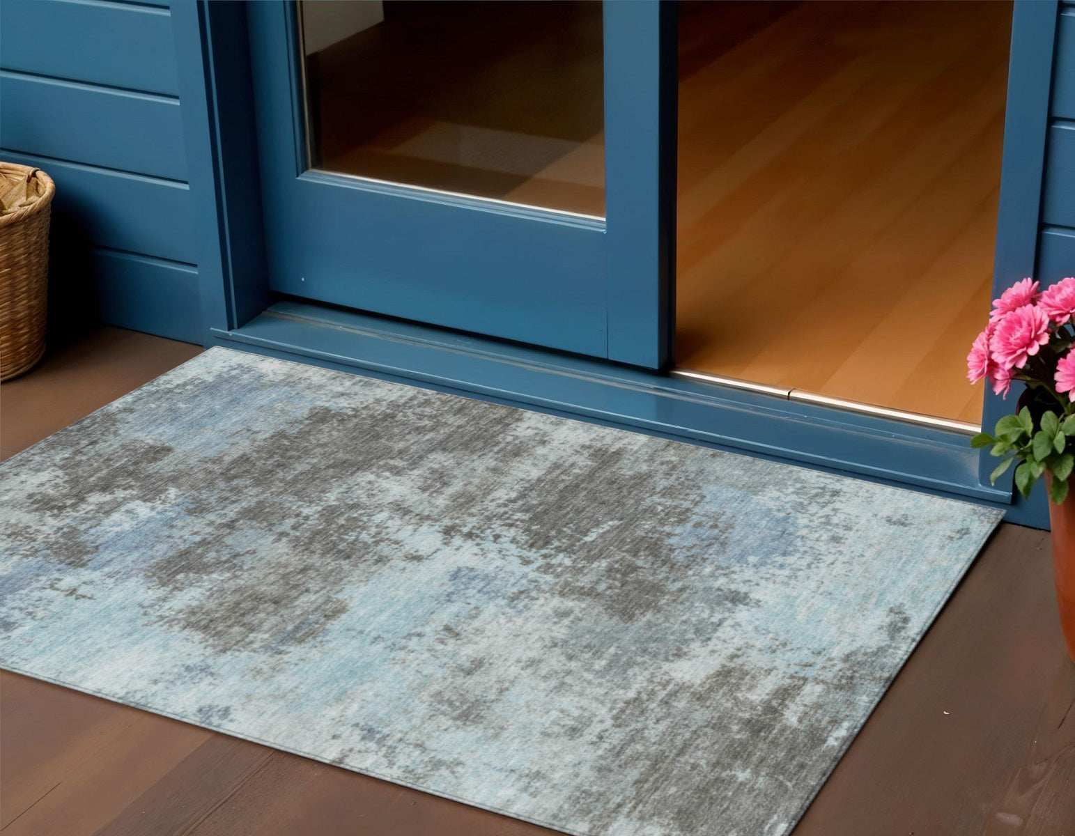 3 X 5 Taupe And Sky Blue Abstract Washable Indoor Outdoor Area Rug