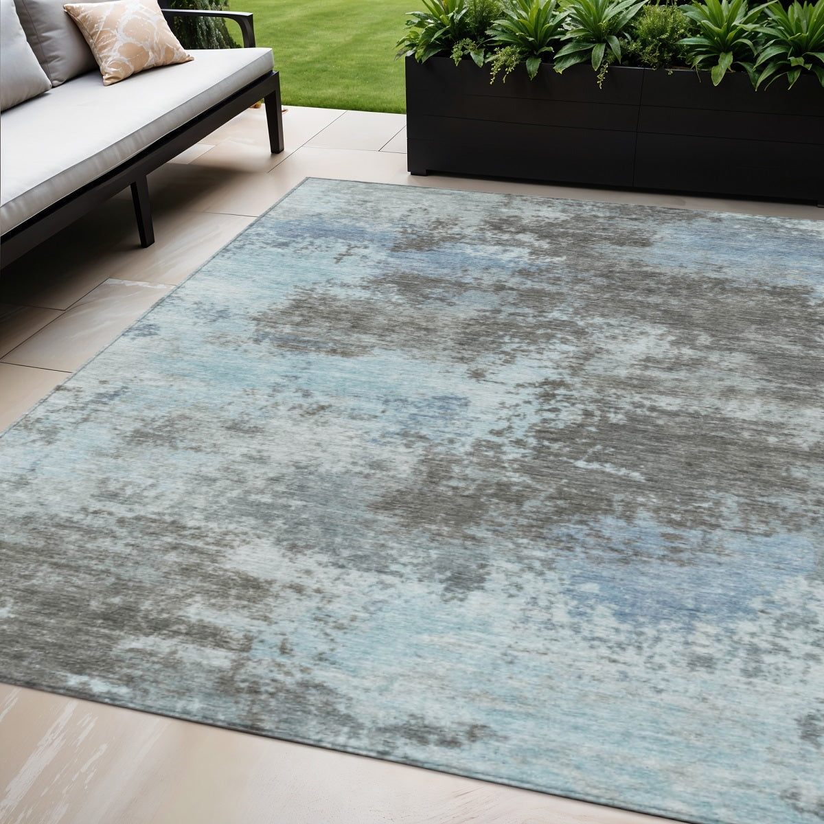 5 X 8 Taupe And Sky Blue Abstract Washable Indoor Outdoor Area Rug