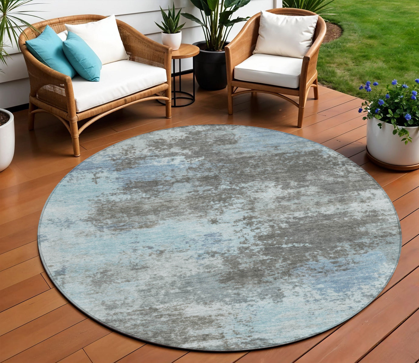 8 Taupe And Sky Blue Round Abstract Washable Indoor Outdoor Area Rug
