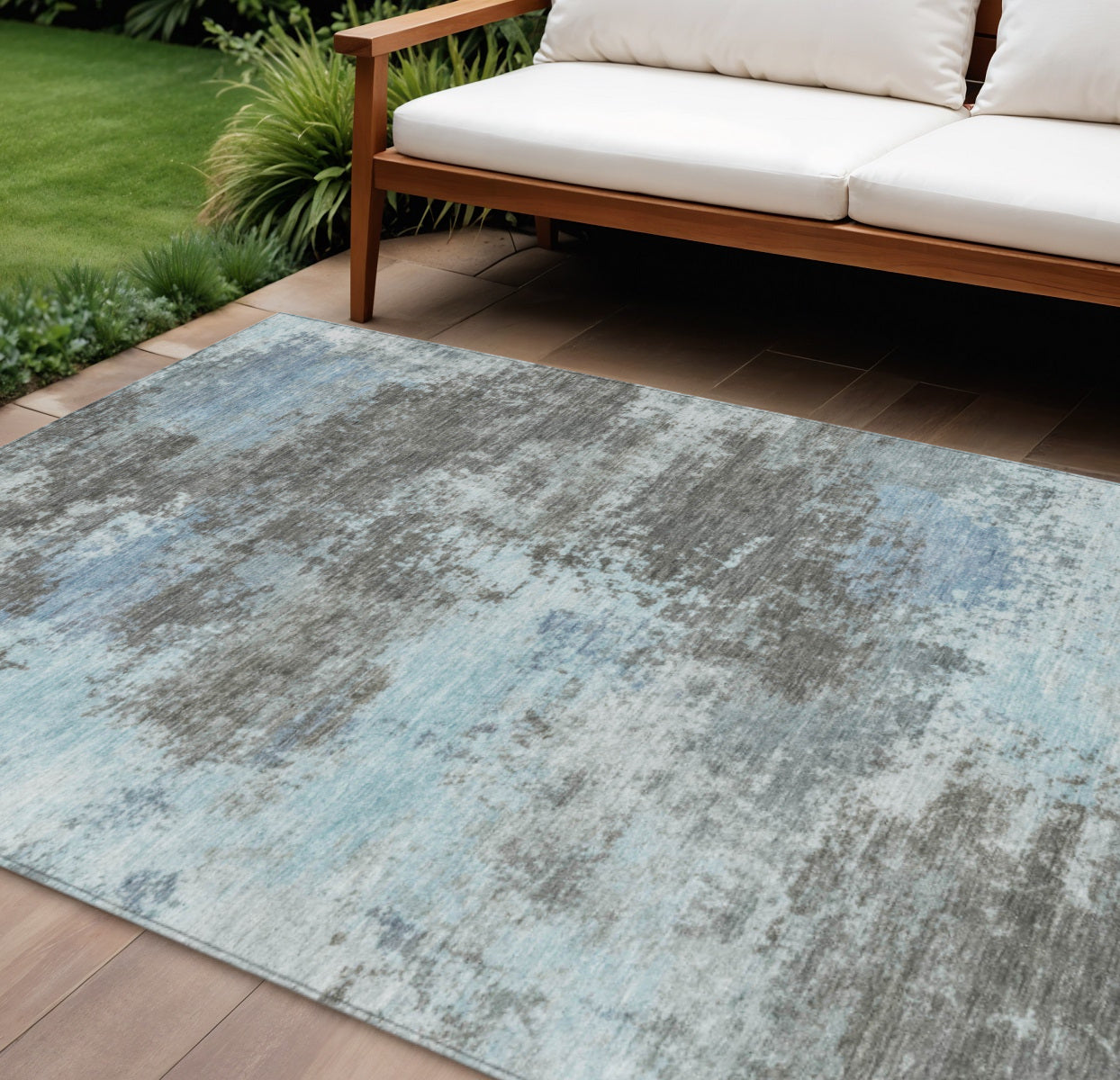 8 X 10 Taupe And Sky Blue Abstract Washable Indoor Outdoor Area Rug
