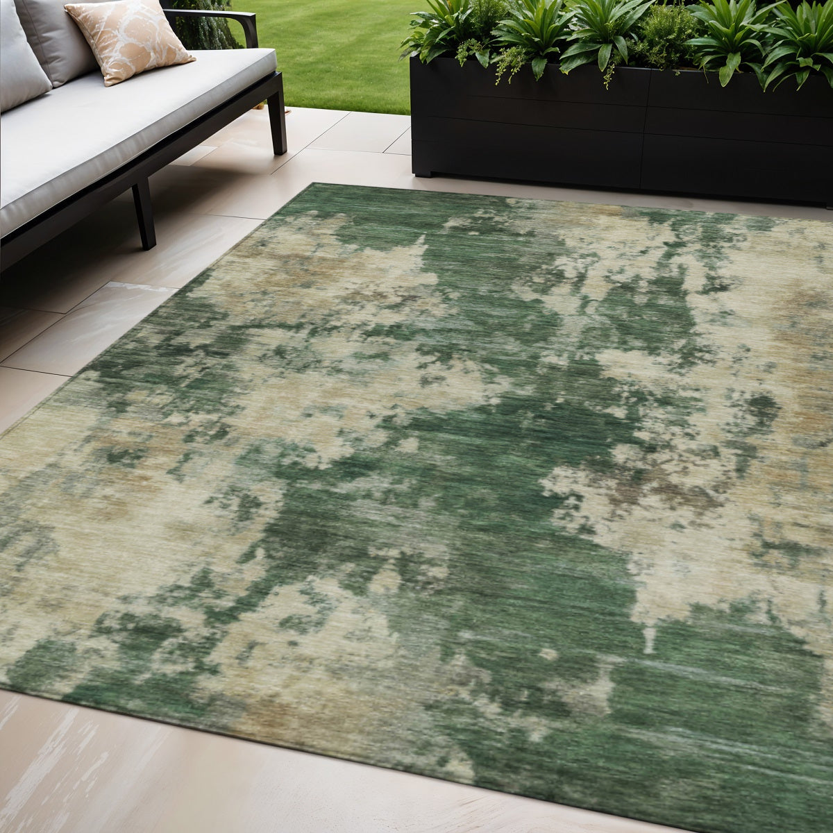 5 X 8 Fern Green And Beige Abstract Washable Indoor Outdoor Area Rug