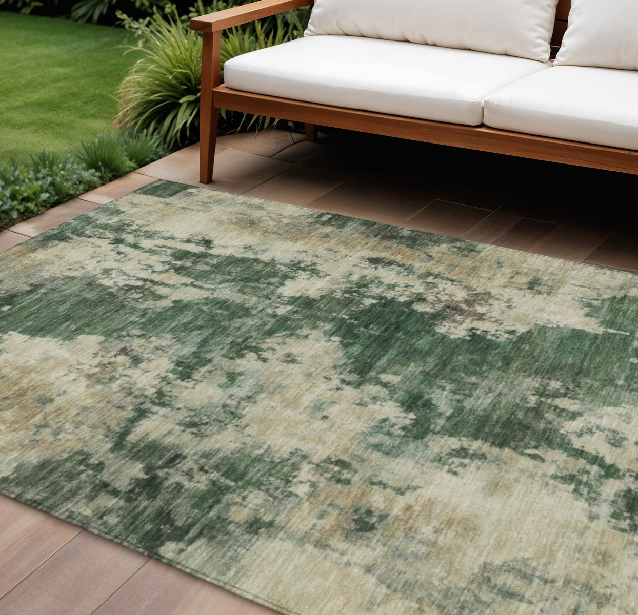 8 X 10 Fern Green And Beige Abstract Washable Indoor Outdoor Area Rug
