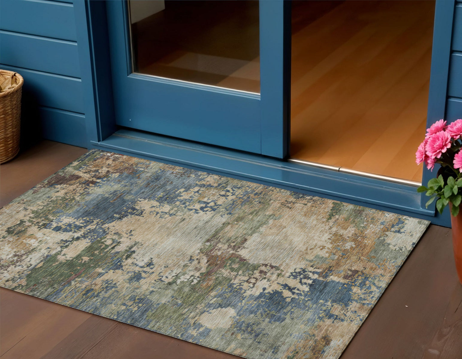 3 X 5 Blue Green And Beige Abstract Washable Indoor Outdoor Area Rug