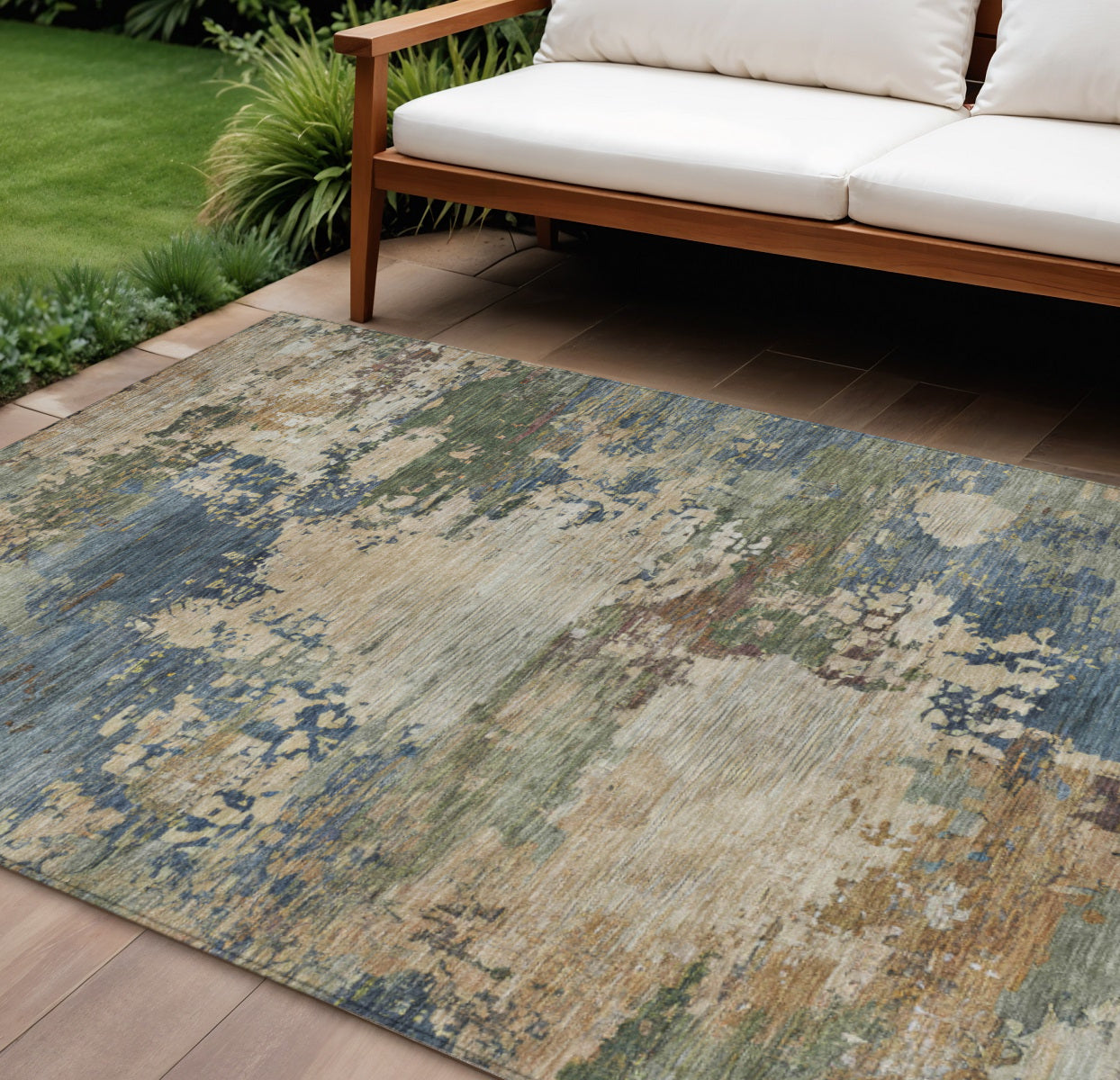 8 X 10 Blue Green And Beige Abstract Washable Indoor Outdoor Area Rug