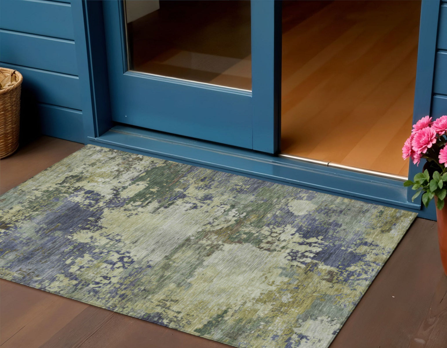 3 X 5 Purple Olive Green And Taupe Abstract Washable Indoor Outdoor Area Rug