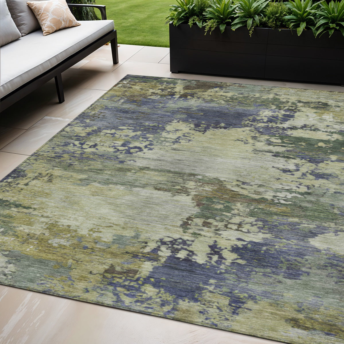 5 X 8 Purple Olive Green And Taupe Abstract Washable Indoor Outdoor Area Rug