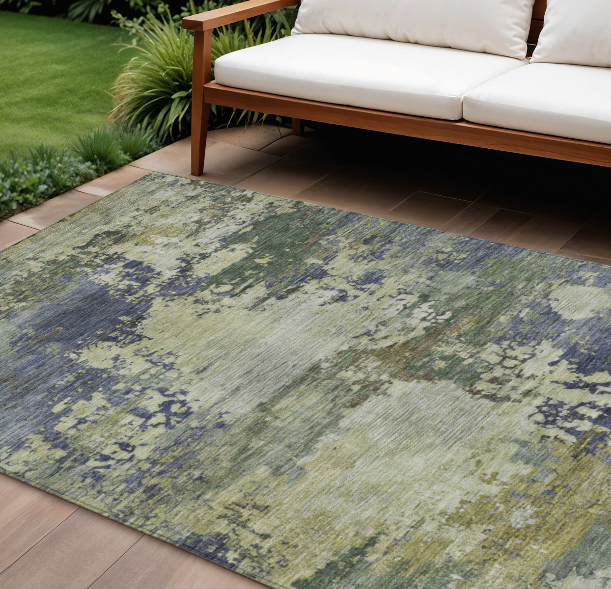 10 X 14 Purple Olive Green And Taupe Abstract Washable Indoor Outdoor Area Rug